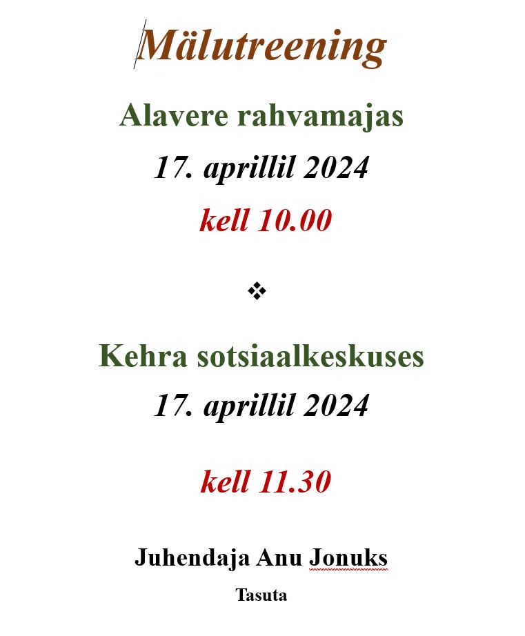 Mälutreening Kehra sotsiaalkeskuses 17.04.2024