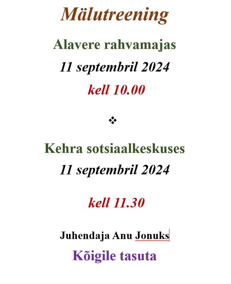 Mälutreening Kehra sotsiaalkeskuses 11 septembril kell 11.30