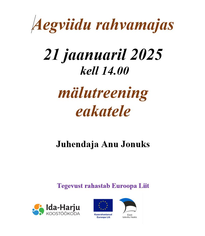 Mälutreening Aegviidu rahvamajas 21.01.2025 kell 14.00