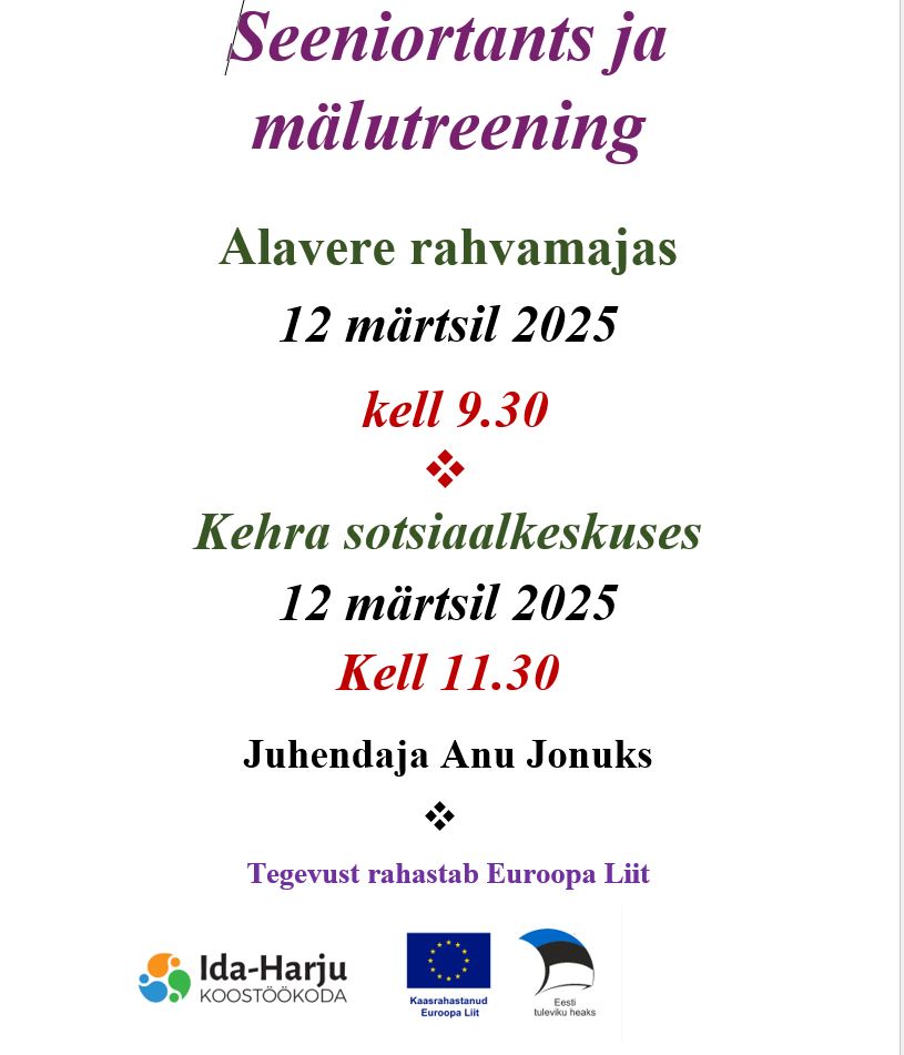 Mälutreening ja seeniortants Kehra sotsiaalkeskuses 12.03.2025 kell 11.30